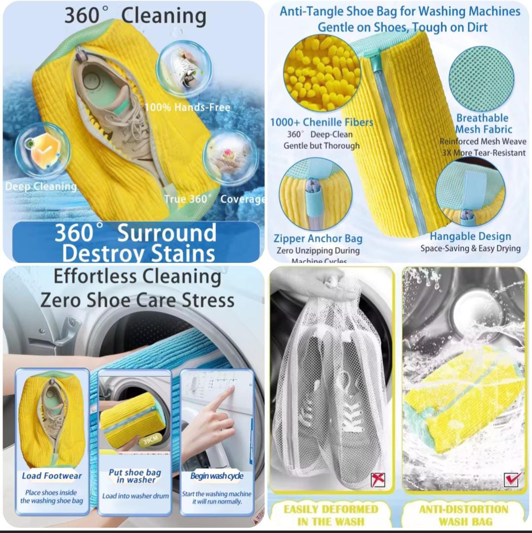 360° Shoe Washing Bag for Washing Machine | Anti-Tangle Mesh Sneaker Cleaner Bag with Chenille Fibers - Image 2