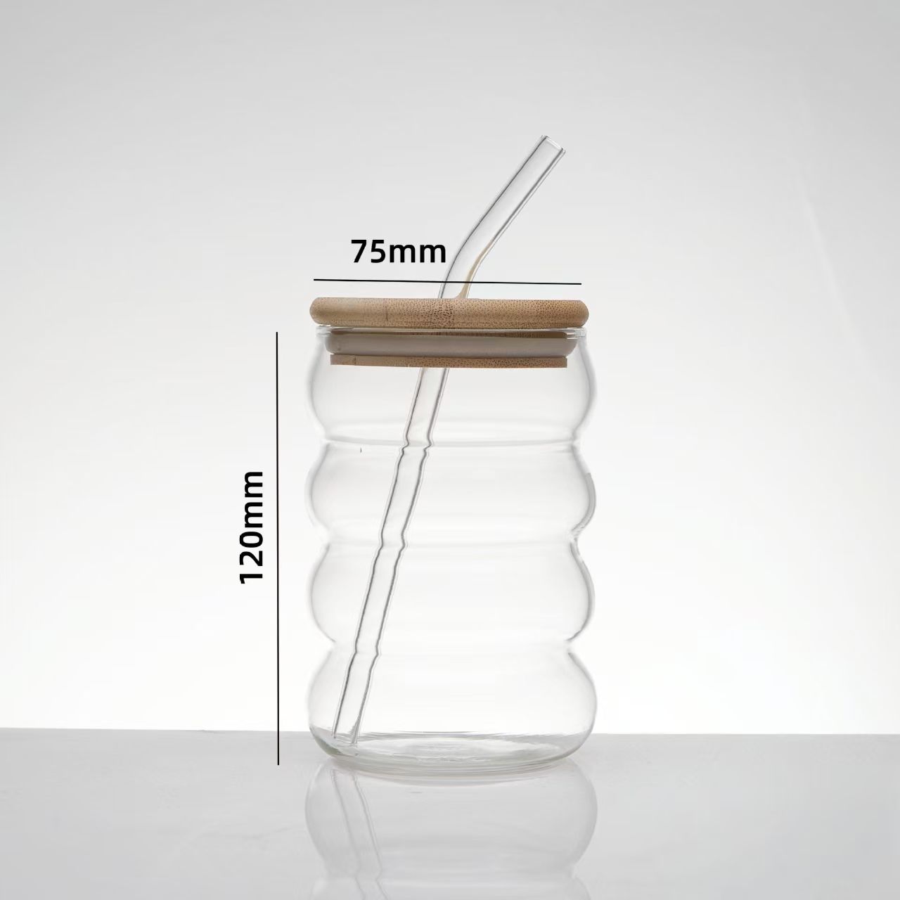 Ripple Glass Drinking Cup with Bamboo Lid & Reusable Straw | Aesthetic Juice Coffee Water Glass Tumbler - Image 2