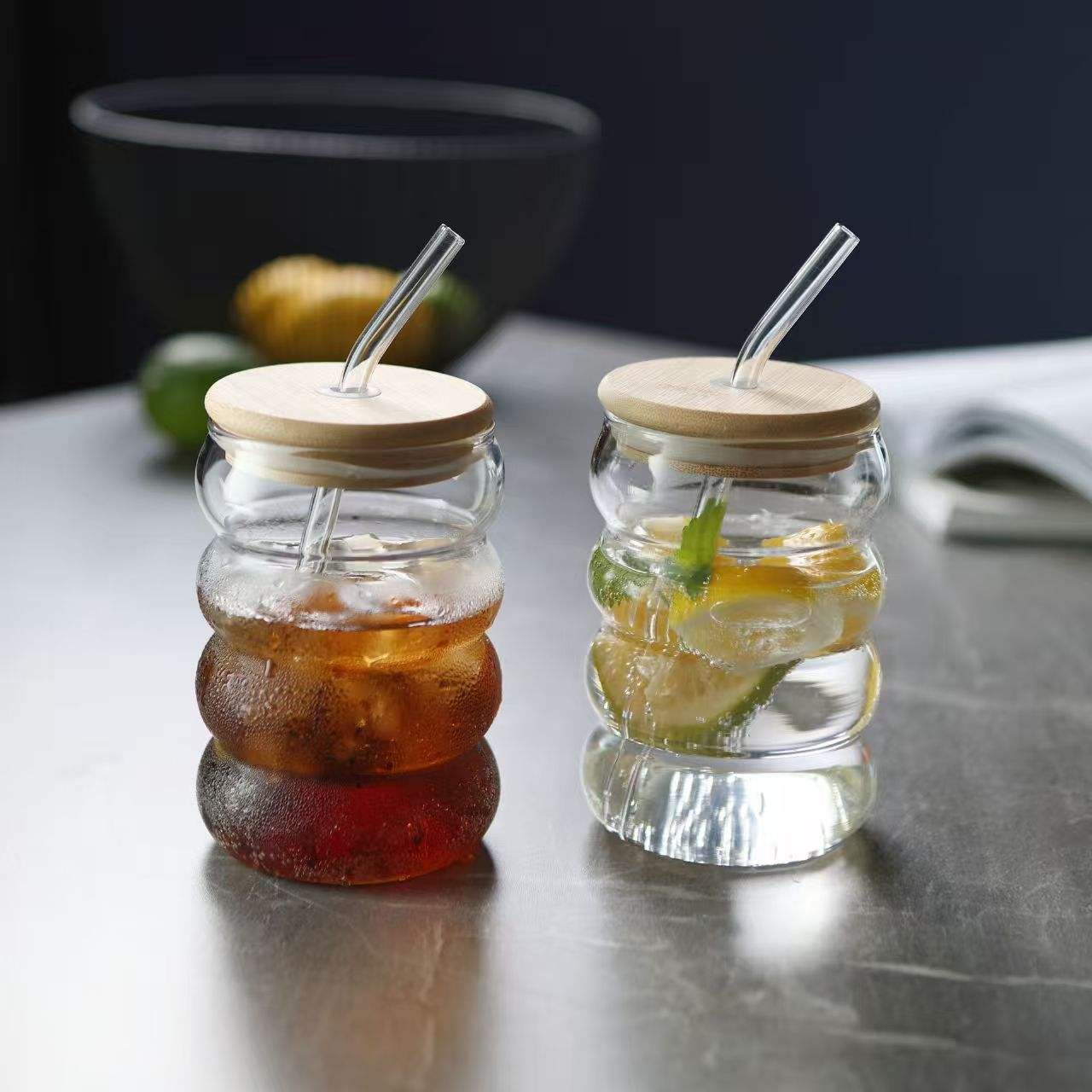 Ripple Glass Drinking Cup with Bamboo Lid & Reusable Straw | Aesthetic Juice Coffee Water Glass Tumbler - Image 5