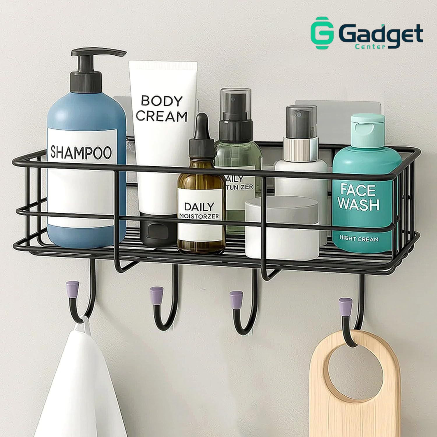 Bathroom Wall Shelf Organizer with Hooks | Shower Storage Rack for Shampoo, Soap & Accessories