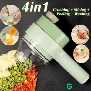 4 in 1 vegetable chopper showing crushing slicing peeling and washing functions
