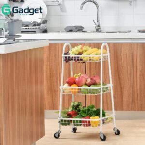 Kitchen Vegetable Fruit Ulensils Trolley 3-Tier Metal Serving Rolling Cart with Locking Wheels Standing Shelf for Home Kitchen