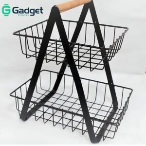 2-tier metal fruit and vegetable basket, often featuring a sturdy iron construction with a black powder coating and a wooden handle for easy carrying