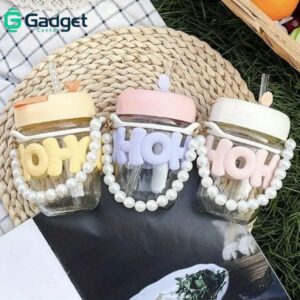 “Pearl Chic Sipper” – Fashionable Glass Mug with Straw