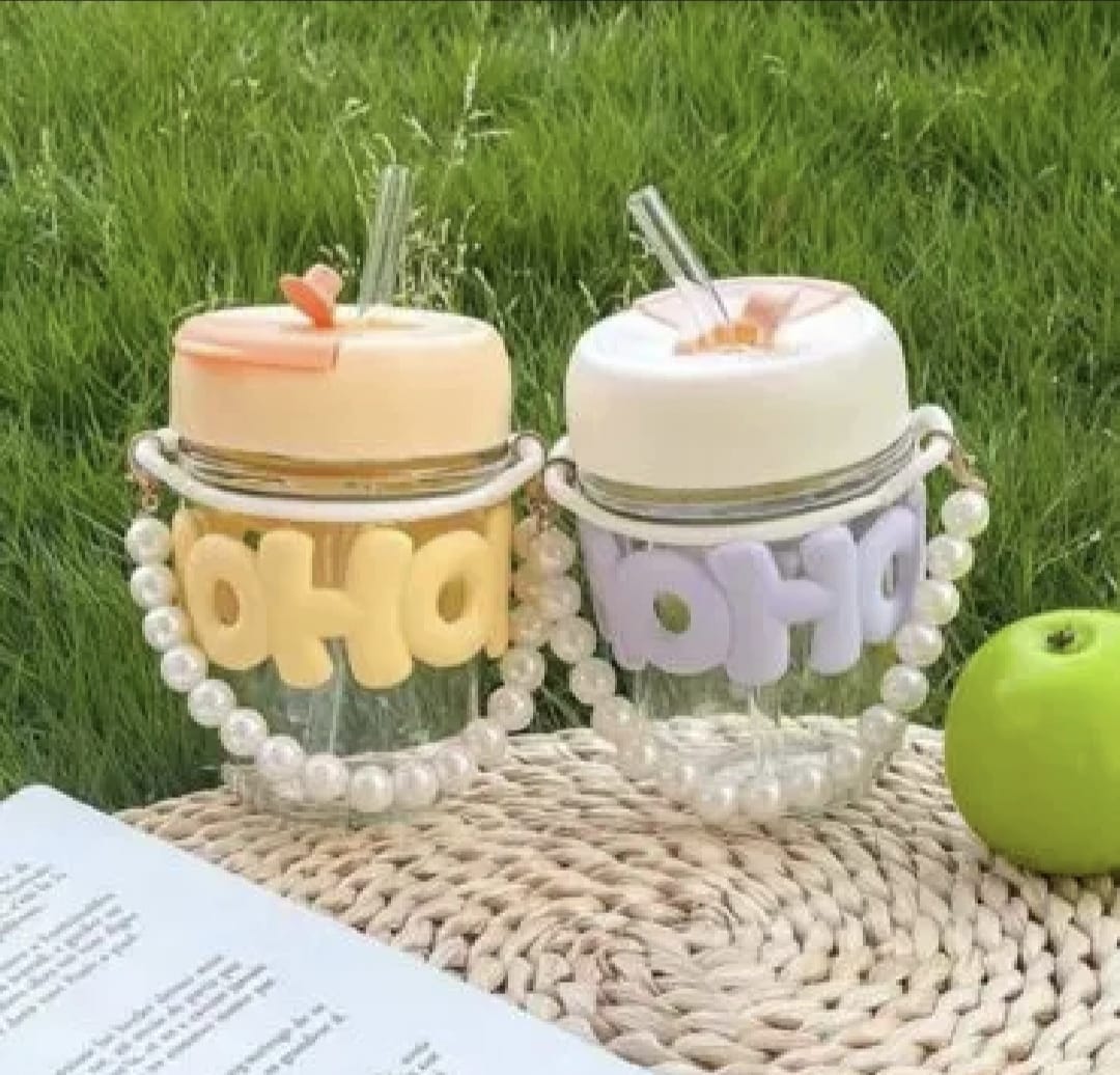 “Pearl Chic Sipper” – Fashionable Glass Mug with Straw - Image 3