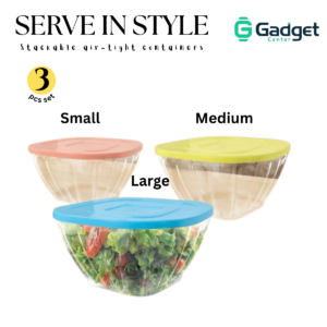 Stackable Airtight Container Set – 3 Pcs (Small, Medium, Large) | Crystal Clear Food Storage Bowls with Coloured Lids