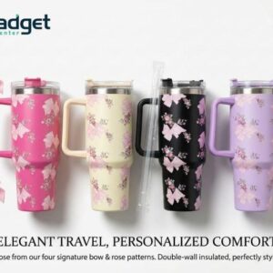 stainless steel insulated travel tumbler featuring a floral pattern, handle, and included straw 1200l
