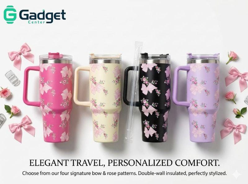 stainless steel insulated travel tumbler featuring a floral pattern, handle, and included straw 1200l