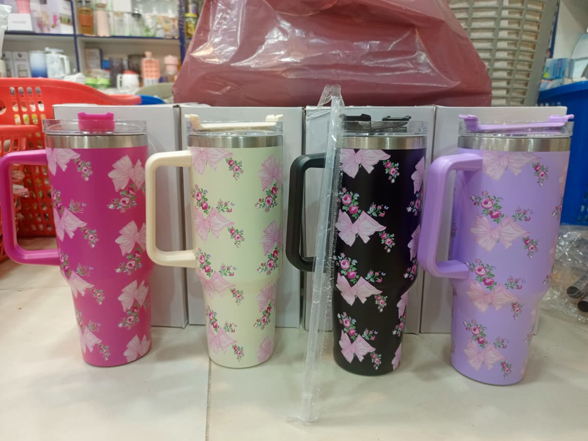stainless steel insulated travel tumbler featuring a floral pattern, handle, and included straw 1200l - Image 2